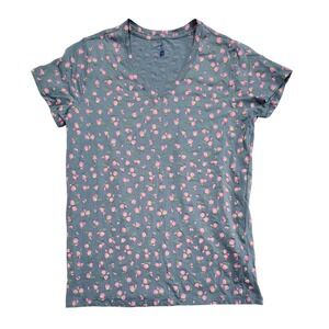 Blue Mountain Floral V-Neck Short Sleeve Tee Blue Pink Rosebud Cottagecore M